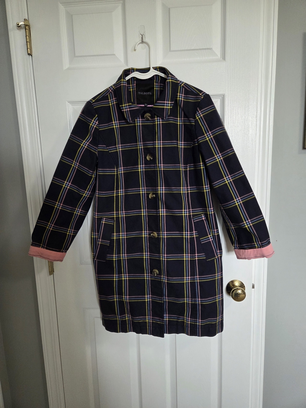 Talbots Navy Plaid Coat with Pink Trim